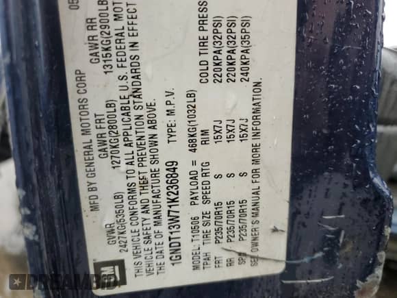 2001 Chevrolet Blazer LT with VIN 1GNDT13W71K236849, listed as a Copart auction lot 57553045 with Not provided miles and Salvage title. Bid and sale history available at DreamBid. Image 13.