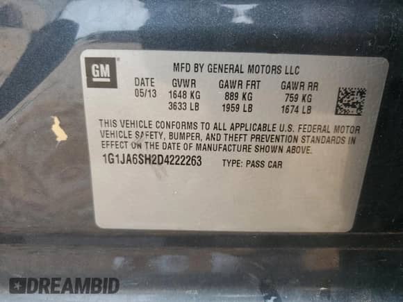 2013 Chevrolet Sonic LS with VIN 1G1JA6SH2D4222263, listed as a Copart auction lot 50532405 with 104,888 mi miles and Salvage title. Bid and sale history available at DreamBid. Image 14.