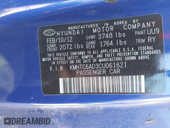 2012 Hyundai Veloster w/Gray Int z VIN KMHTC6AD3CU061621, wystawiony jako IAAI lot #43318719 z przebiegiem 87 962 mil mil oraz . Historia ofert i sprzedaży dostępna na DreamBid. Obrazek 9.