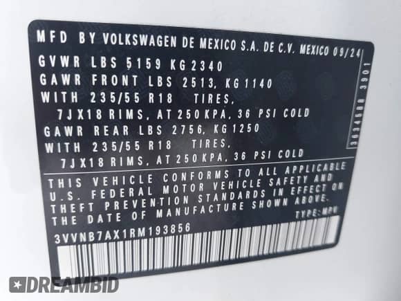 2024 Volkswagen Tiguan SE с VIN 3VVNB7AX1RM193856, выставлен на аукционе IAAI как лот 42920886 с пробегом 19 489 миль миль и . История ставок и продаж доступна на DreamBid. Изображение 9.