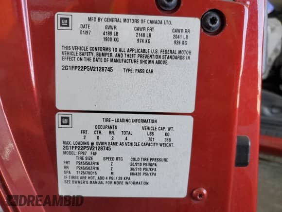 1997 Chevrolet Camaro Z28 z VIN 2G1FP22P5V2128745, wystawiony jako Copart lot #66188565 z przebiegiem Nie podano mil oraz Szkoda całkowita • Salvage title. Historia ofert i sprzedaży dostępna na DreamBid. Obrazek 12.