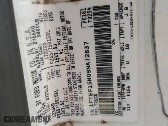 1995 Ford F-150 z VIN 1FTEF15N0SNA72837, wystawiony jako Copart lot #53877445 z przebiegiem 270 737 mil mil oraz Szkoda całkowita • Salvage title. Historia ofert i sprzedaży dostępna na DreamBid. Obrazek 13.