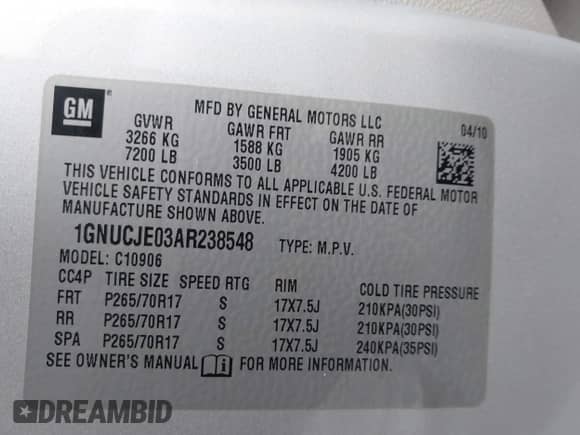 2010 Chevrolet Suburban LT z VIN 1GNUCJE03AR238548, wystawiony jako IAAI lot #42104596 z przebiegiem 153 959 mil mil oraz . Historia ofert i sprzedaży dostępna na DreamBid. Obrazek 9.