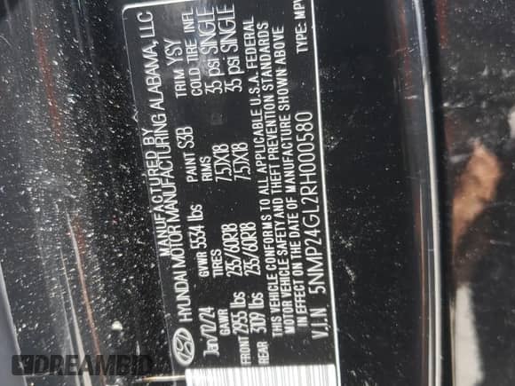 2024 Hyundai Santa Fe SEL с VIN 5NMP24GL2RH000580, выставлен на аукционе Copart как лот 70258234 с пробегом 3 469 миль миль и Списание • Salvage title. История ставок и продаж доступна на DreamBid. Изображение 13.