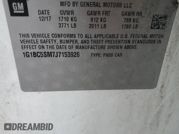 2018 Chevrolet Cruze LS с VIN 1G1BC5SM7J7153926, выставлен на аукционе Copart как лот 52751634 с пробегом 106 571 миль миль и Списание • Salvage title. История ставок и продаж доступна на DreamBid. Изображение 12.