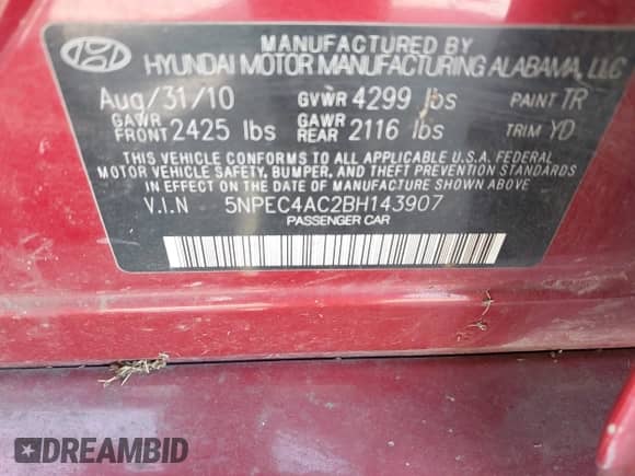 2011 Hyundai Sonata Limited with VIN 5NPEC4AC2BH143907, listed as a IAAI auction lot 43142066 with 194,877 mi miles and . Bid and sale history available at DreamBid. Image 9.