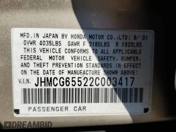 2002 Honda Accord with VIN JHMCG65522C003417, listed as a Copart auction lot 83944105 with 210,927 mi miles and Salvage title. Bid and sale history available at DreamBid. Image 12.