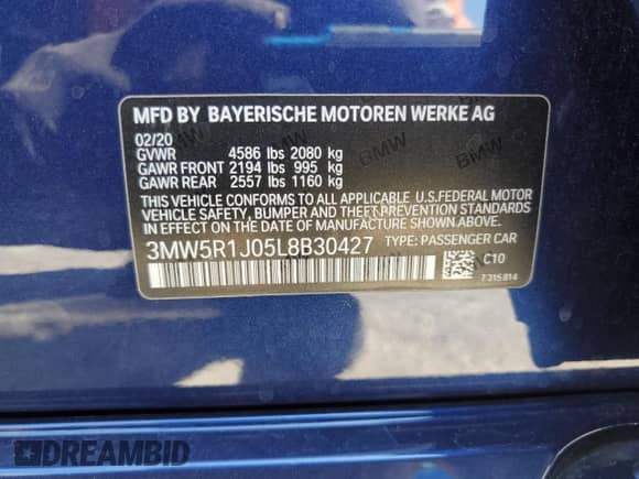 2020 BMW 3 Series 330i with VIN 3MW5R1J05L8B30427, listed as a Copart auction lot 80042725 with 32,794 mi miles and Salvage title. Bid and sale history available at DreamBid. Image 12.