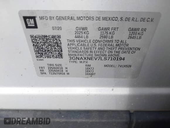 2020 Chevrolet Equinox Premier with VIN 3GNAXNEV7LS710194, listed as a IAAI auction lot 42664167 with 52,526 mi miles and . Bid and sale history available at DreamBid. Image 9.