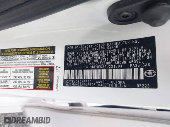 2016 Toyota Camry XLE with VIN 4T1BF1FK3GU231303, listed as a IAAI auction lot 42958265 with 165,790 mi miles and . Bid and sale history available at DreamBid. Image 9.