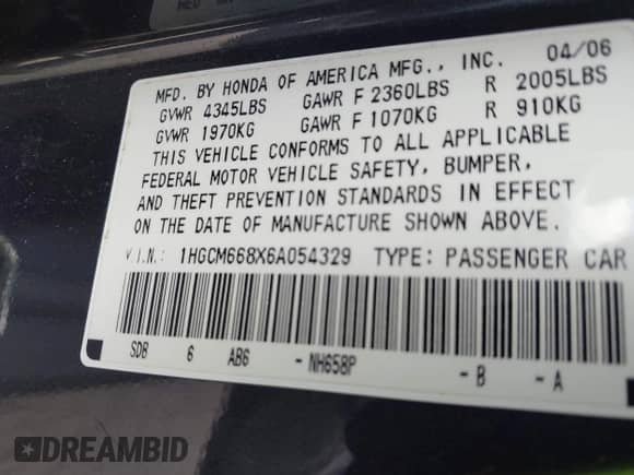 2006 Honda Accord EX-L z VIN 1HGCM668X6A054329, wystawiony jako IAAI lot #43196230 z przebiegiem 437 650 mil mil oraz . Historia ofert i sprzedaży dostępna na DreamBid. Obrazek 9.