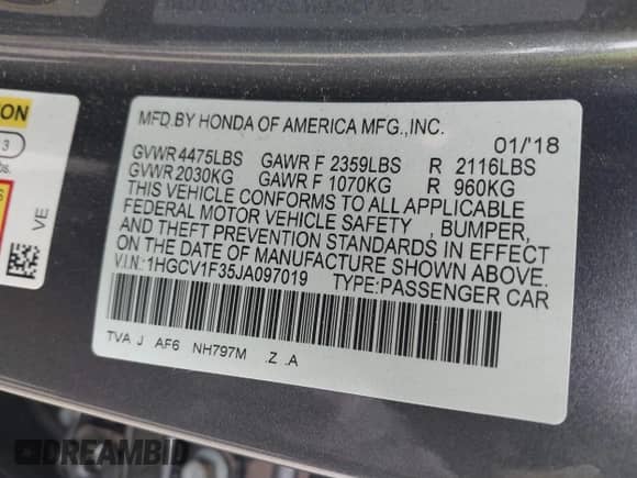 2018 Honda Accord Sport с VIN 1HGCV1F35JA097019, выставлен на аукционе IAAI как лот 42921179 с пробегом 137 695 миль миль и . История ставок и продаж доступна на DreamBid. Изображение 9.