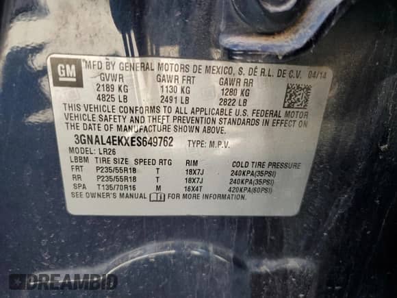 2014 Chevrolet Captiva Sport LTZ с VIN 3GNAL4EKXES649762, выставлен на аукционе Copart как лот 81508545 с пробегом 142 468 миль миль и На запчасти • Non repairable. История ставок и продаж доступна на DreamBid. Изображение 13.