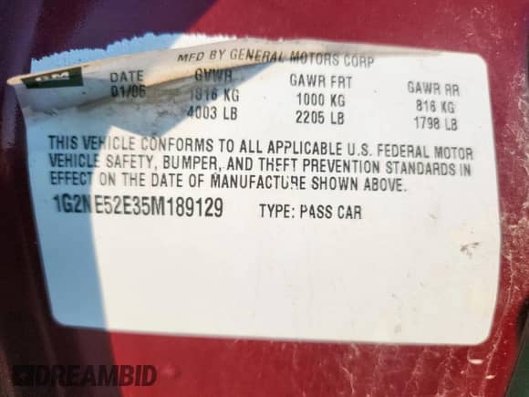 2005 Pontiac Grand Am SE с VIN 1G2NE52E35M189129, выставлен на аукционе Copart как лот 80132165 с пробегом 92 569 миль миль и На запчасти • Non repairable. История ставок и продаж доступна на DreamBid. Изображение 12.