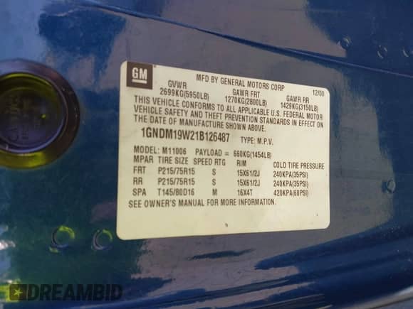 2001 Chevrolet Astro z VIN 1GNDM19W21B126487, wystawiony jako IAAI lot #42756463 z przebiegiem 163 209 mil mil oraz . Historia ofert i sprzedaży dostępna na DreamBid. Obrazek 9.
