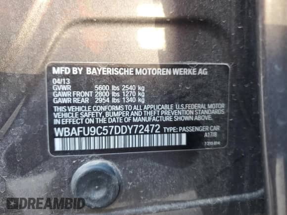 2013 BMW 5 Series 550i xDrive z VIN WBAFU9C57DDY72472, wystawiony jako Copart lot #81638485 z przebiegiem 122 173 mil mil oraz Szkoda całkowita • Salvage title. Historia ofert i sprzedaży dostępna na DreamBid. Obrazek 13.