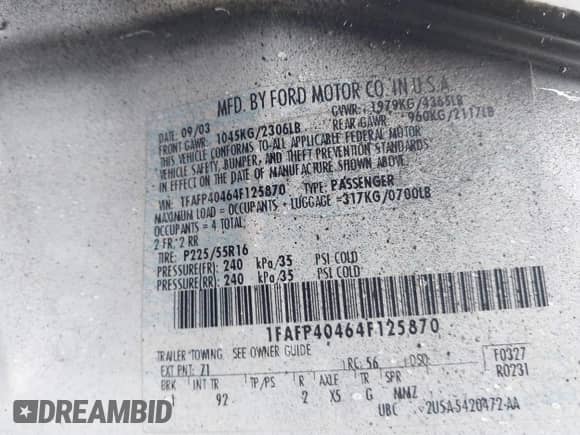 2004 Ford Mustang Standard with VIN 1FAFP40464F125870, listed as a IAAI auction lot 43501805 with Not provided miles and . Bid and sale history available at DreamBid. Image 9.