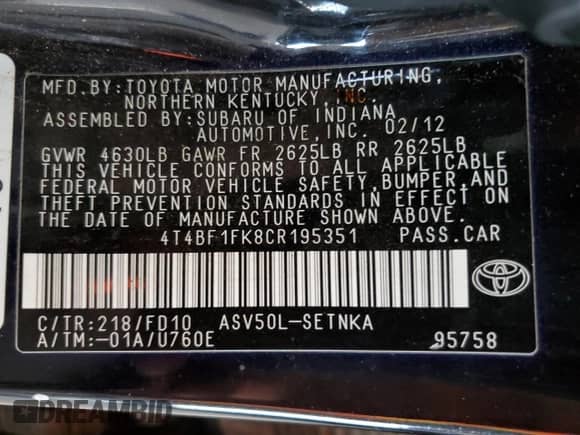 2012 Toyota Camry LE with VIN 4T4BF1FK8CR195351, listed as a Copart auction lot 90310215 with 156,606 mi miles and Clean title. Bid and sale history available at DreamBid. Image 12.
