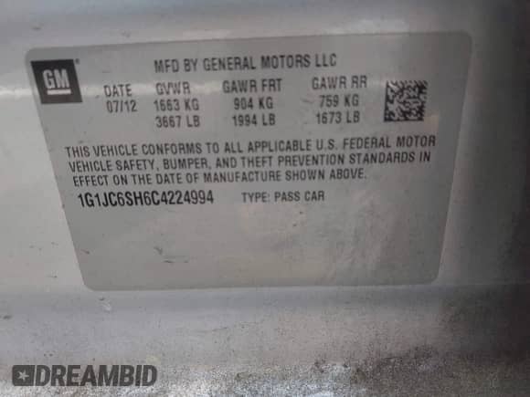 2012 Chevrolet Sonic LT с VIN 1G1JC6SH6C4224994, выставлен на аукционе IAAI как лот 42974838 с пробегом 123 885 миль миль и . История ставок и продаж доступна на DreamBid. Изображение 9.