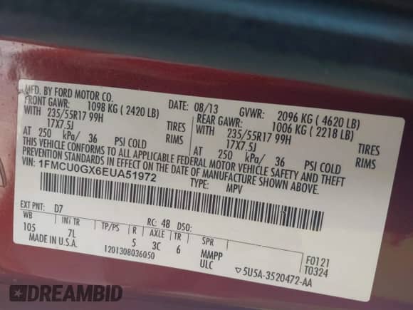 2014 Ford Escape SE with VIN 1FMCU0GX6EUA51972, listed as a IAAI auction lot 43330031 with 140,336 mi miles and . Bid and sale history available at DreamBid. Image 9.