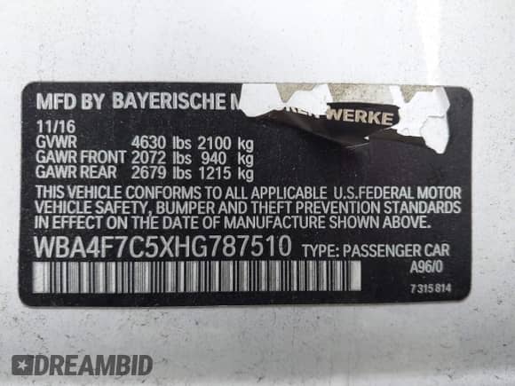2017 BMW 4 Series 430i with VIN WBA4F7C5XHG787510, listed as a IAAI auction lot 43036039 with 134,982 mi miles and . Bid and sale history available at DreamBid. Image 9.