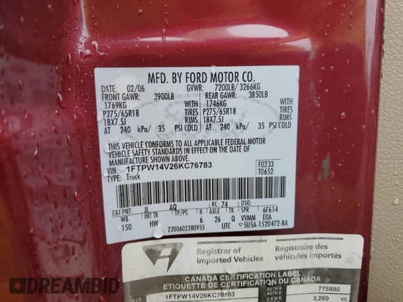 2006 Ford F-150 XLT with VIN 1FTPW14V26KC76783, listed as a Copart auction lot 80791245 with Not provided miles and Salvage title. Bid and sale history available at DreamBid. Image 12.