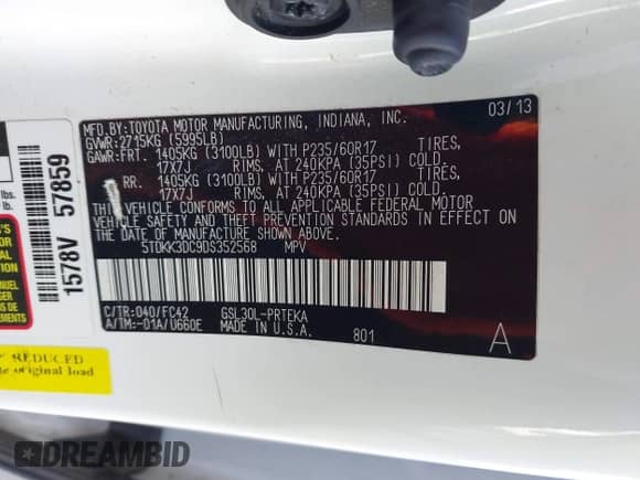 2013 Toyota Sienna LE AAS with VIN 5TDKK3DC9DS352568, listed as a IAAI auction lot 42730967 with 122,154 mi miles and . Bid and sale history available at DreamBid. Image 9.