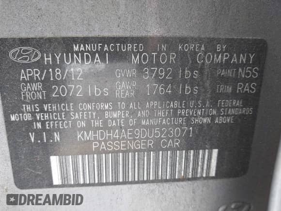 2013 Hyundai Elantra GLS z VIN KMHDH4AE9DU523071, wystawiony jako IAAI lot #43586642 z przebiegiem 176 733 mil mil oraz . Historia ofert i sprzedaży dostępna na DreamBid. Obrazek 9.