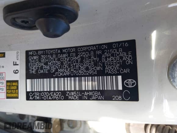 2016 Toyota Prius Four z VIN JTDKARFU7G3502954, wystawiony jako IAAI lot #42652179 z przebiegiem 219 669 mil mil oraz . Historia ofert i sprzedaży dostępna na DreamBid. Obrazek 9.