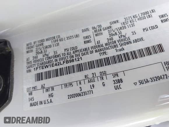 2020 Ford F-150 XL z VIN 1FTEW1E42LFB98121, wystawiony jako IAAI lot #43179467 z przebiegiem 68 210 mil mil oraz . Historia ofert i sprzedaży dostępna na DreamBid. Obrazek 9.