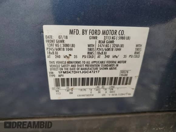 2018 Ford Explorer XLT z VIN 1FM5K7DH1JGC47217, wystawiony jako Copart lot #68402695 z przebiegiem 120 637 mil mil oraz Szkoda całkowita • Salvage title. Historia ofert i sprzedaży dostępna na DreamBid. Obrazek 13.