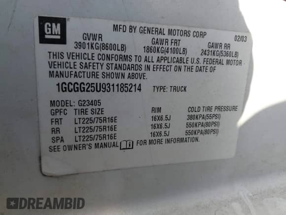 2003 Chevrolet Express Cargo with VIN 1GCGG25U931185214, listed as a IAAI auction lot 41523289 with 156,711 mi miles and . Bid and sale history available at DreamBid. Image 9.