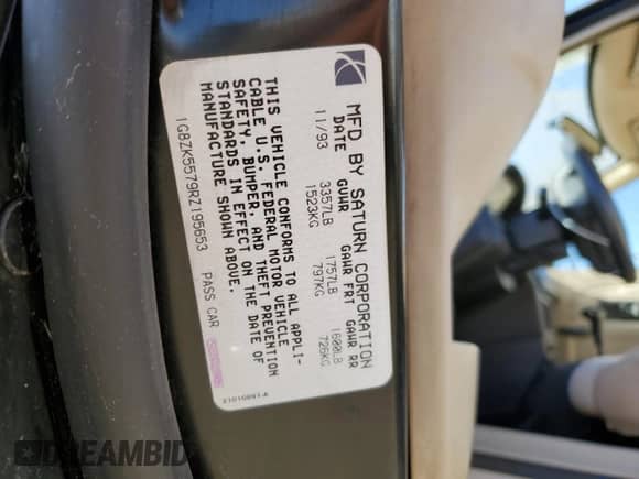 1994 Saturn SL с VIN 1G8ZK5579RZ195653, выставлен на аукционе Copart как лот 76638654 с пробегом 124 774 миль миль и Чистый • Clean title. История ставок и продаж доступна на DreamBid. Изображение 12.