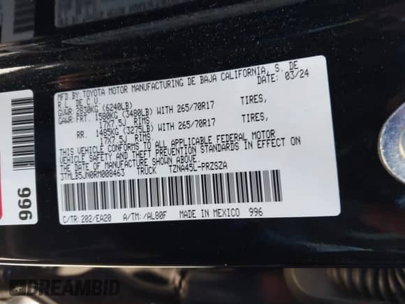 2024 Toyota Tacoma SR5 with VIN 3TMLB5JN0RM008463, listed as a IAAI auction lot 40979020 with 4,710 mi miles and . Bid and sale history available at DreamBid. Image 9.
