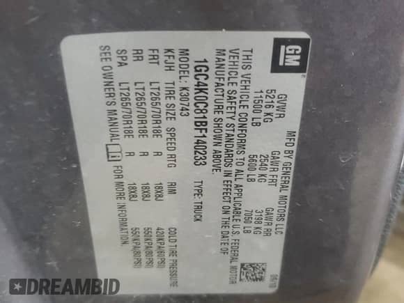 2011 Chevrolet Silverado 3500HD SRW LT with VIN 1GC4K0C81BF140233, listed as a Copart auction lot 60223335 with 280,309 mi miles and Salvage title. Bid and sale history available at DreamBid. Image 12.