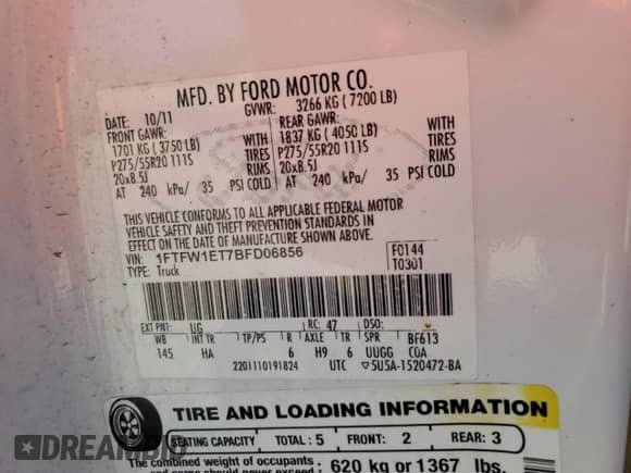 2011 Ford F-150 Lariat с VIN 1FTFW1ET7BFD06856, выставлен на аукционе Copart как лот 85178515 с пробегом 105 901 миль миль и Списание • Salvage title. История ставок и продаж доступна на DreamBid. Изображение 12.