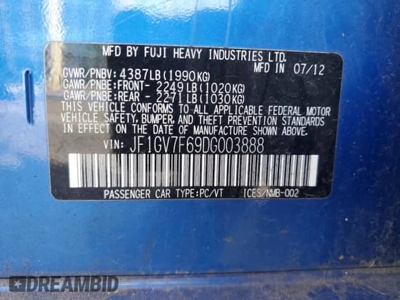 2013 Subaru WRX WRX with VIN JF1GV7F69DG003888, listed as a Copart auction lot 71664335 with 146,227 mi miles and Clean title. Bid and sale history available at DreamBid. Image 12.