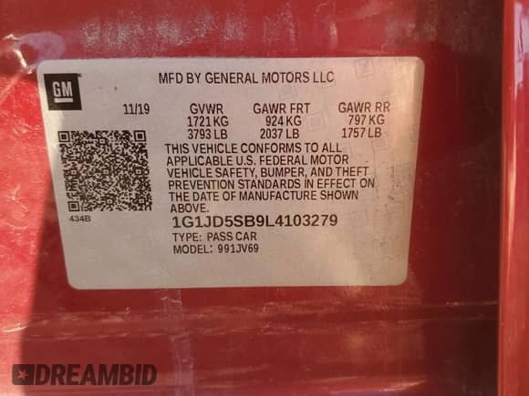 2020 Chevrolet Sonic LT with VIN 1G1JD5SB9L4103279, listed as a Copart auction lot 86455695 with 101,193 mi miles and Salvage title. Bid and sale history available at DreamBid. Image 12.