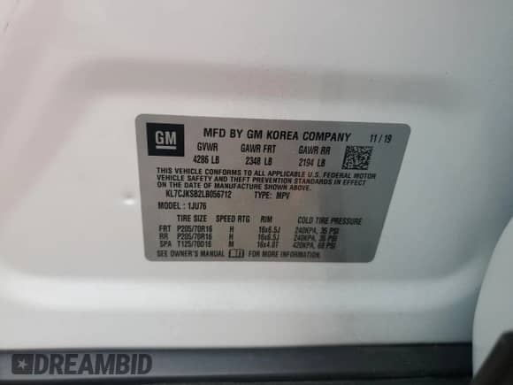 2020 Chevrolet Trax LS z VIN KL7CJKSB2LB056712, wystawiony jako Copart lot #80800155 z przebiegiem 80 986 mil mil oraz Nie do naprawy • Non repairable. Historia ofert i sprzedaży dostępna na DreamBid. Obrazek 12.