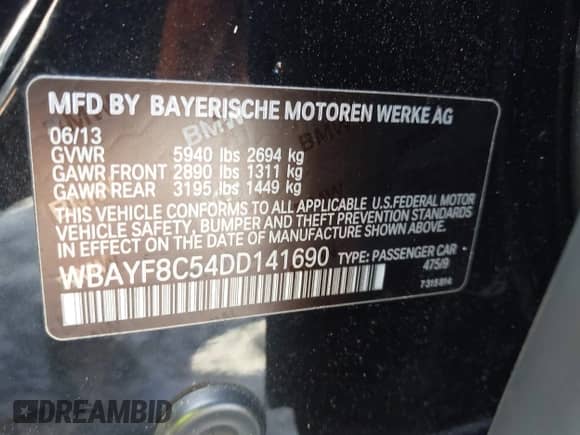 2013 BMW 7 Series 750Li xDrive with VIN WBAYF8C54DD141690, listed as a IAAI auction lot 42804428 with 120,000 mi miles and . Bid and sale history available at DreamBid. Image 9.
