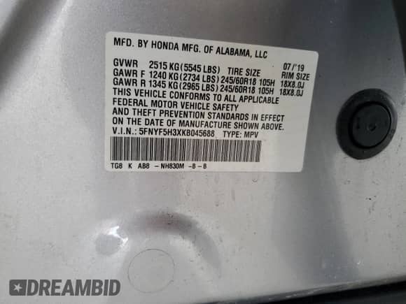 2019 Honda Pilot EX с VIN 5FNYF5H3XKB045688, выставлен на аукционе Copart как лот 70727465 с пробегом 67 354 миль миль и Списание • Salvage title. История ставок и продаж доступна на DreamBid. Изображение 13.