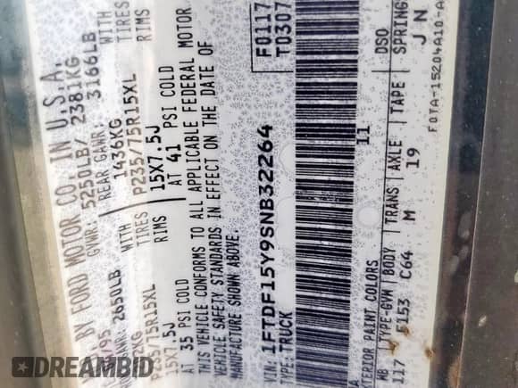 1995 Ford F-150 with VIN 1FTDF15Y9SNB32264, listed as a Copart auction lot 57166875 with Not provided miles and Salvage title. Bid and sale history available at DreamBid. Image 13.