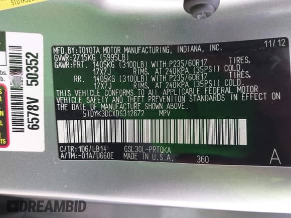 2013 Toyota Sienna XLE AAS with VIN 5TDYK3DCXDS312672, listed as a IAAI auction lot 41521263 with 183,707 mi miles and . Bid and sale history available at DreamBid. Image 9.