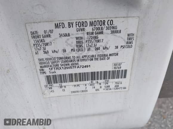 2007 Ford F-150 STX with VIN 1FTRX12W57FA72491, listed as a IAAI auction lot 43430894 with 254,244 mi miles and . Bid and sale history available at DreamBid. Image 9.