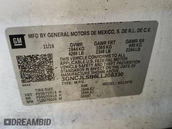 2020 Chevrolet Trax LT с VIN 3GNCJLSB6LL208330, выставлен на аукционе Copart как лот 81759195 с пробегом 38 876 миль миль и Списание • Salvage title. История ставок и продаж доступна на DreamBid. Изображение 12.