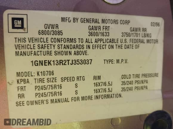 1996 Chevrolet Tahoe с VIN 1GNEK13R2TJ353037, выставлен на аукционе IAAI как лот 43416338 с пробегом 156 413 миль миль и . История ставок и продаж доступна на DreamBid. Изображение 9.