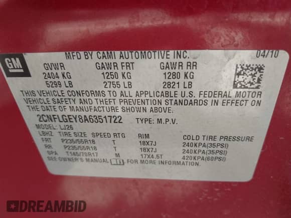 2010 Chevrolet Equinox LTZ с VIN 2CNFLGEY8A6351722, выставлен на аукционе IAAI как лот 42326894 с пробегом 104 307 миль миль и . История ставок и продаж доступна на DreamBid. Изображение 9.