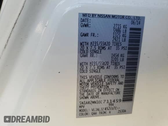 2014 Nissan Pathfinder S with VIN 5N1AR2MN1EC711459, listed as a Copart auction lot 84440625 with 162,016 mi miles and Salvage title. Bid and sale history available at DreamBid. Image 13.