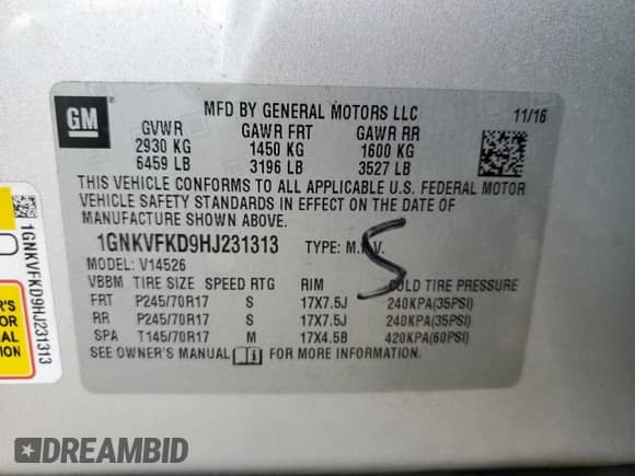 2017 Chevrolet Traverse LS с VIN 1GNKVFKD9HJ231313, выставлен на аукционе Copart как лот 70893935 с пробегом 180 853 миль миль и Списание • Salvage title. История ставок и продаж доступна на DreamBid. Изображение 13.