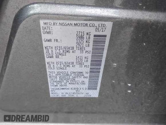 2017 Nissan Pathfinder S with VIN 5N1DR2MM4HC689353, listed as a IAAI auction lot 43025525 with 102,589 mi miles and . Bid and sale history available at DreamBid. Image 9.